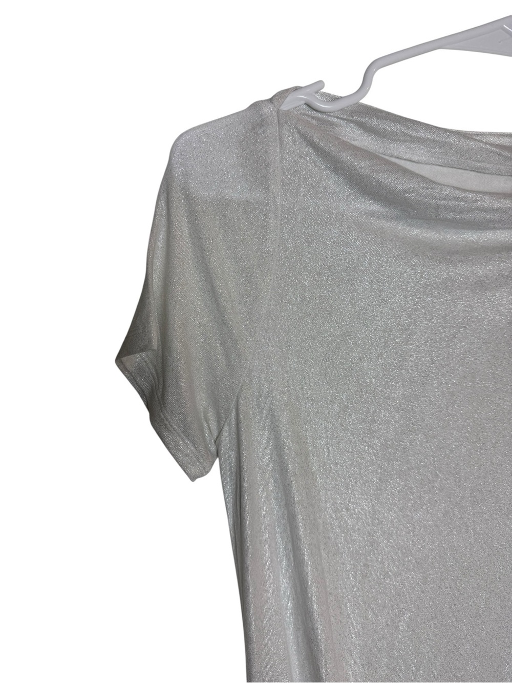 Express Silver Shimmery Drape Short Sleeve Blouse - Picture 3 of 6